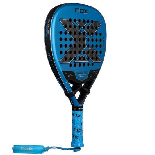 Side view of the blue Nox AT10 Ventus Attack 12K padel racket with curved frame, designed for advanced players.