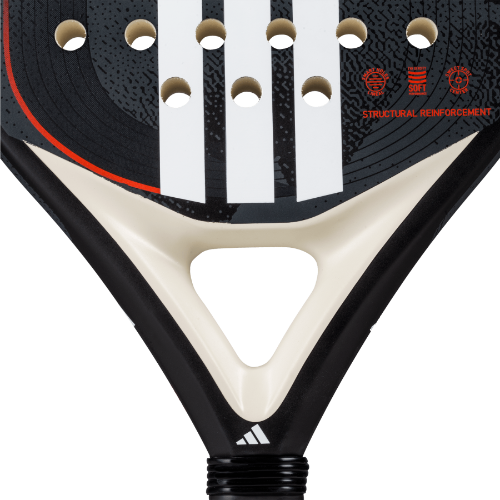 Adidas Drive 3.4 black padel tennis racket for beginners, close-up of throat section with white stripes and red structural text
