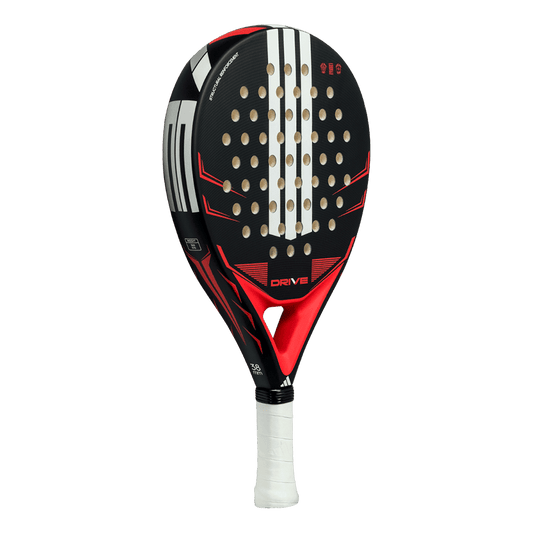 adidas drive black 2026 padel racket angled view showing round head shape and control focused layout designed for beginner players.