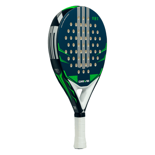 adidas drive blue 2026 padel racket angled view showing round head shape and blue frame designed for beginner players.