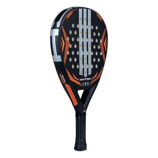 Angled view of Adidas Match 2026 black and orange padel racket showing balanced shape and easy handling, designed for beginner players