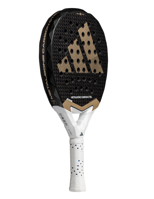 Angled view of the Adidas Metalbone Carbon CTRL 3.4 2025 padel racket in black, white and gold, built for advanced control players.