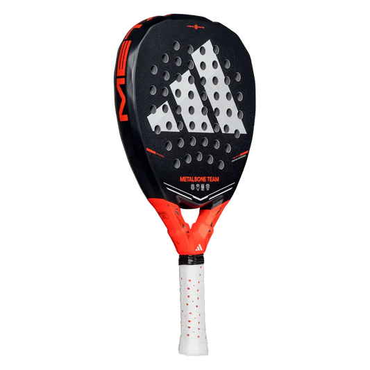 Angled front view of Adidas Metalbone Team 2026 padel racket highlighting sweet spot and face texture, designed for intermediate players