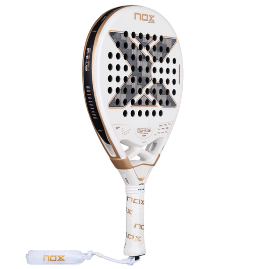 NOX AT10 Luxury Genius 12K Alum XTREM 2026 padel racket side view. White frame, gold detailing and textured surface, for advanced players.
