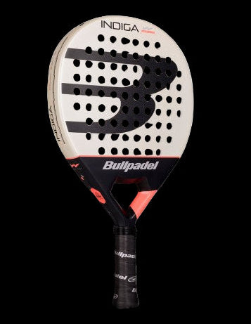 Front view of the Bullpadel Indiga Woman 26 padel racket in white with coral accents, designed for beginner to intermediate female players.