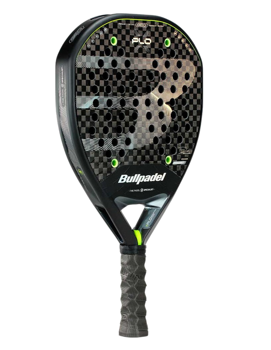 Side angle view of the Bullpadel Xplo 26 2026 padel racket with black carbon finish and neon green accents, designed for advanced players.