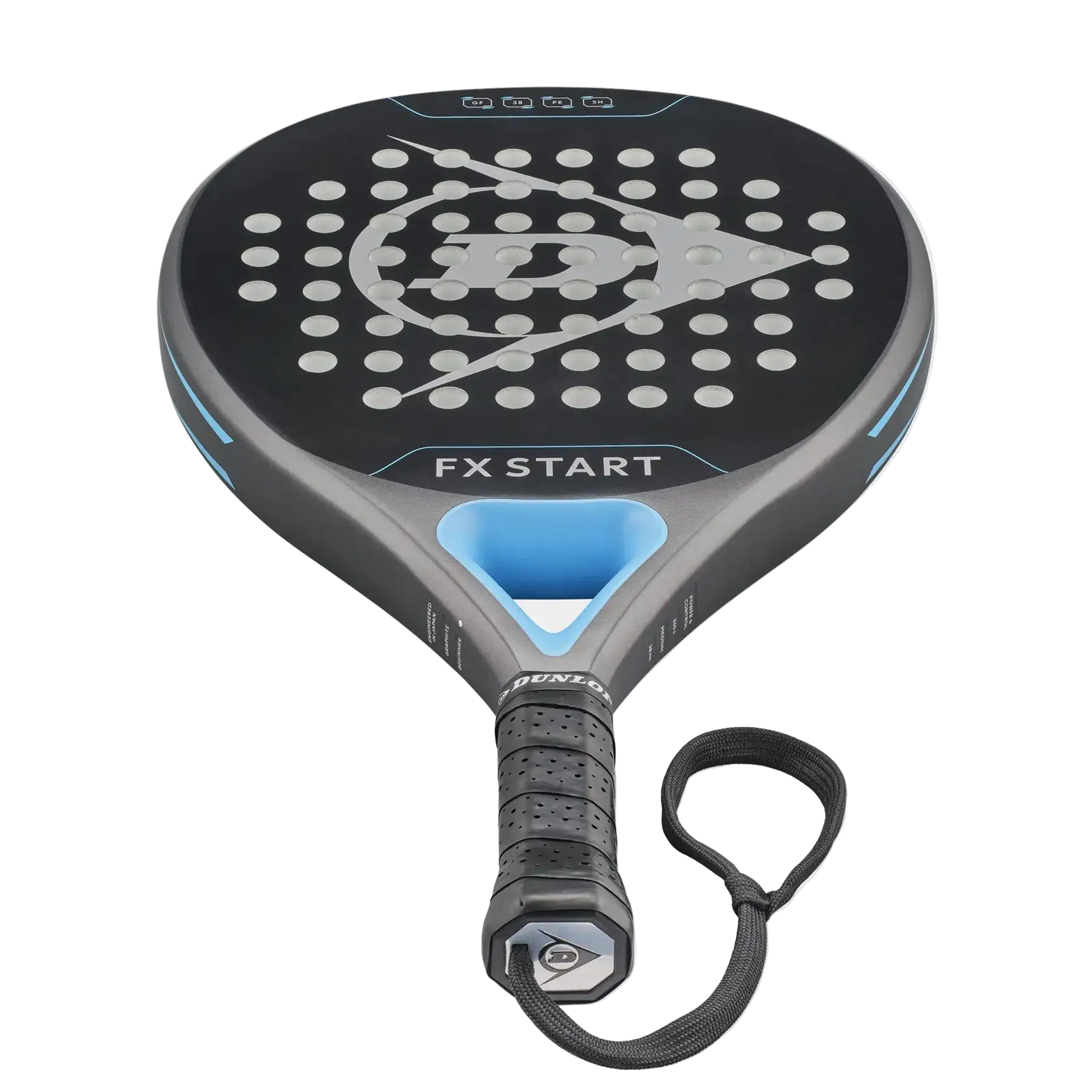 Dunlop FX Start 2026 padel racket handle close up with cushioned grip and wrist strap, designed for beginner players