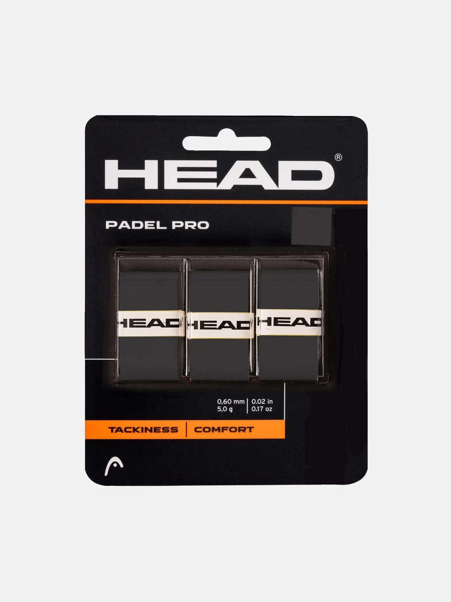 Head padel pro black overgrip front packaging view showing three grips for comfort and tackiness, designed for all level players