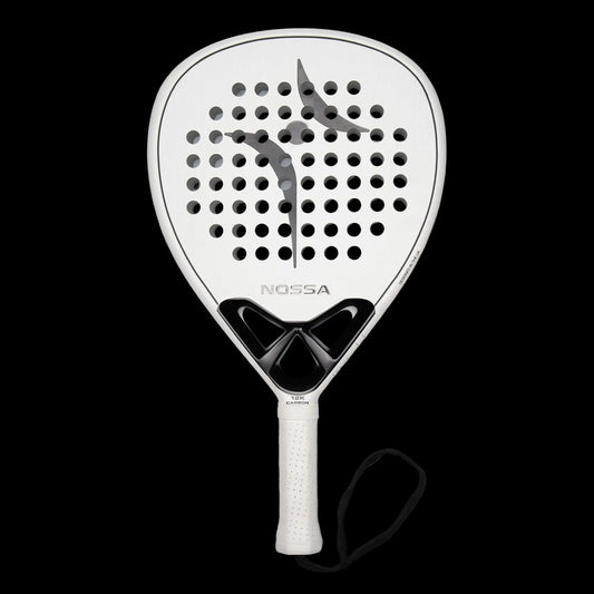 Nossa padel racket front view in white showing clean design perforated face and balanced sweet spot