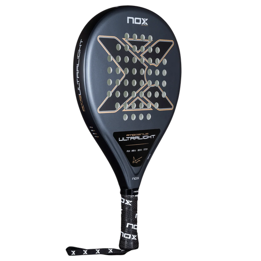 Nox AT10 Genius Ultralight 2026 padel racket angled full view with dark grey finish and teardrop shape