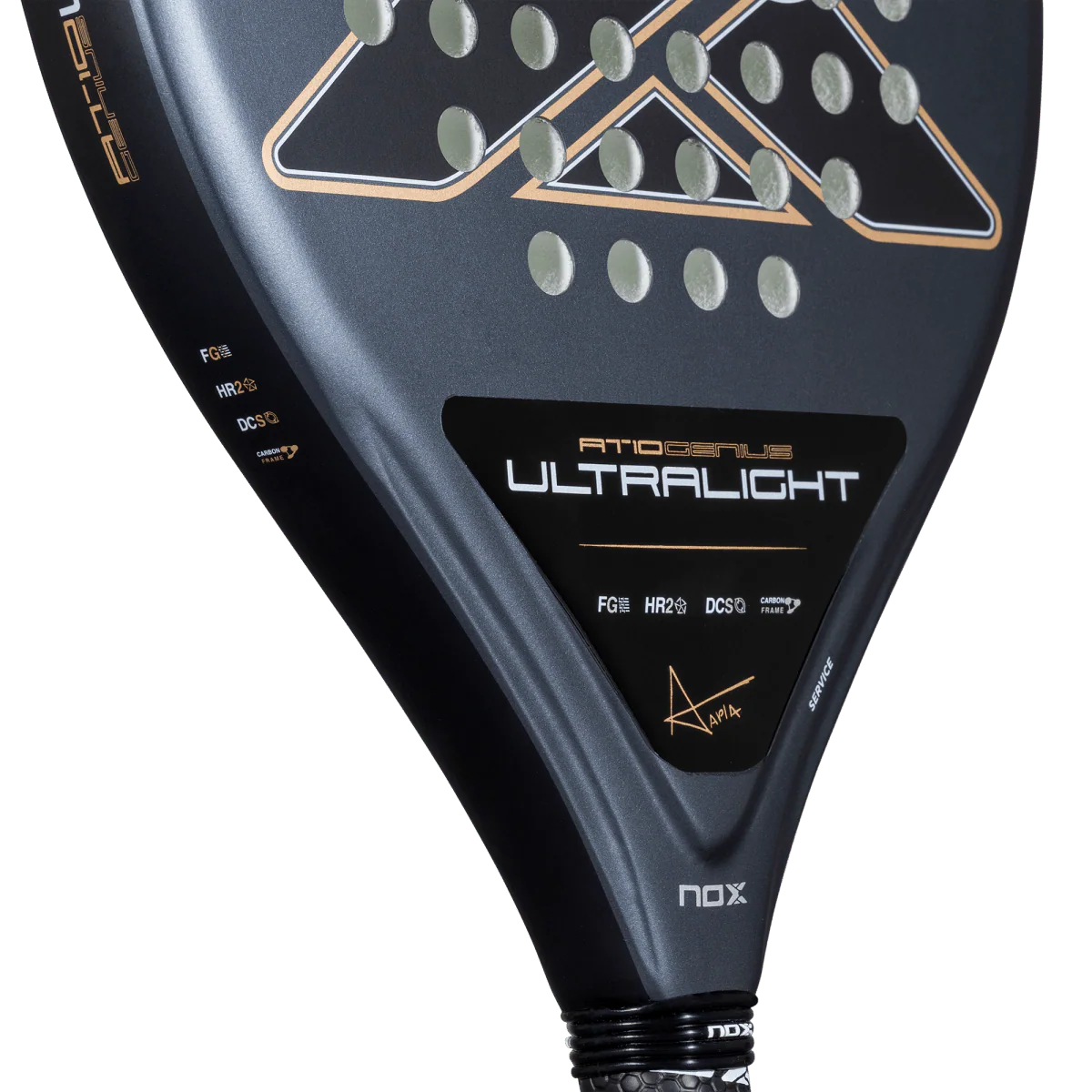 Nox AT10 Genius Ultralight 2026 padel racket close-up showing frame detail and ultralight branding