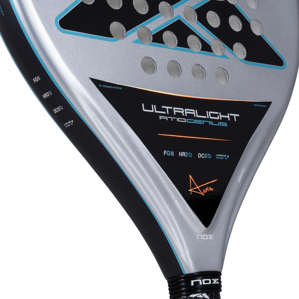 Nox AT10 Genius Ultralight padel racket throat detail showing lightweight construction and Tapia branding, designed for beginner players