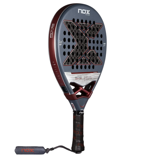 Nox AT10 Luxury Genius 12K 2025 padel racket angled front view highlighting sweet spot and face texture, designed for advanced players