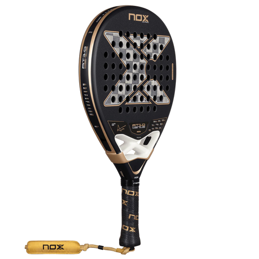 Nox AT10 Luxury Genius 18K Alum 2026 padel racket angled view showing teardrop shape and gold detailing, designed for advanced players