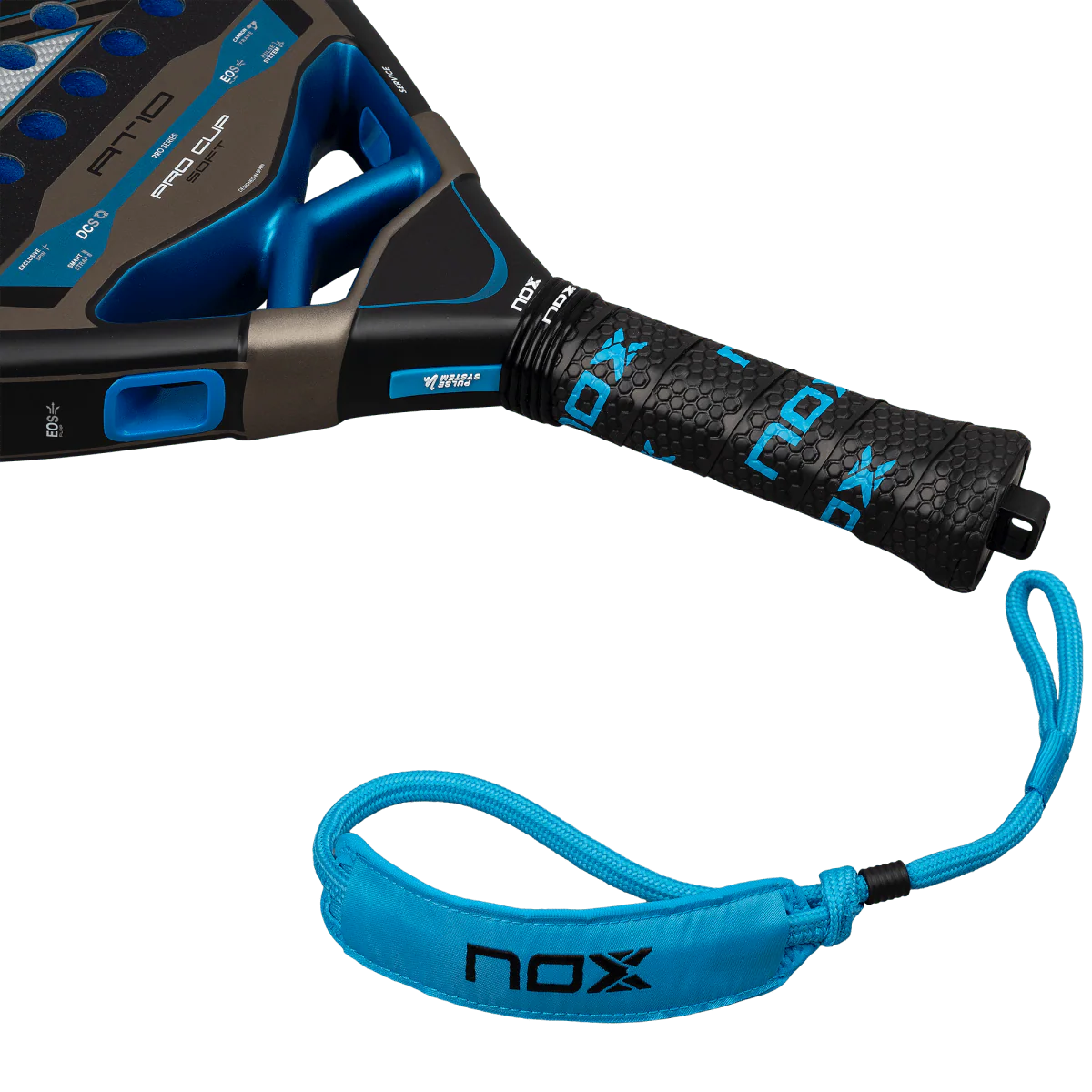 Nox AT10 Pro Cup Soft 2026 padel racket handle close up showing grip texture and wrist strap, designed for advanced players