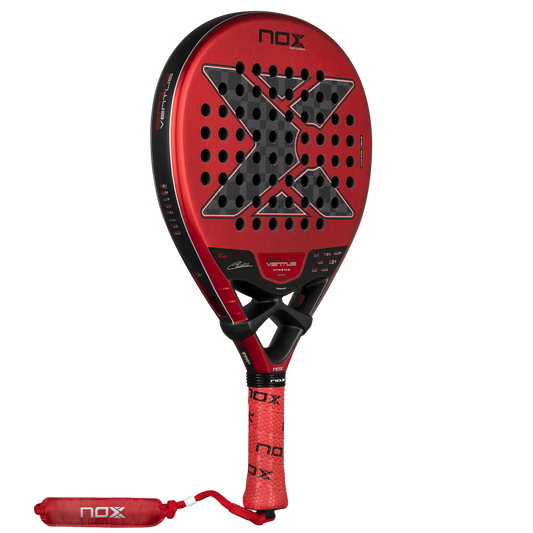 Nox EA10 Ventus Hybrid 12K Xtrem 2026 padel tennis racket for advanced players, red and black X design shown in angled side view on transparent background.