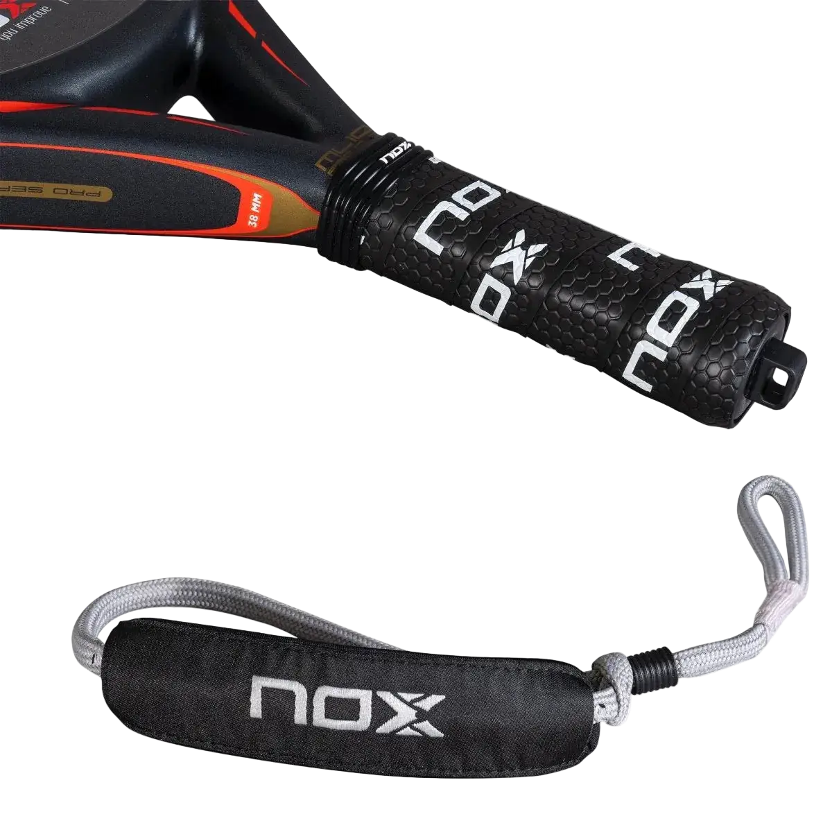 Nox ML10 Pro Cup Silver 2025 padel racket handle grip detail showing ergonomic grip and wrist strap, designed for intermediate players