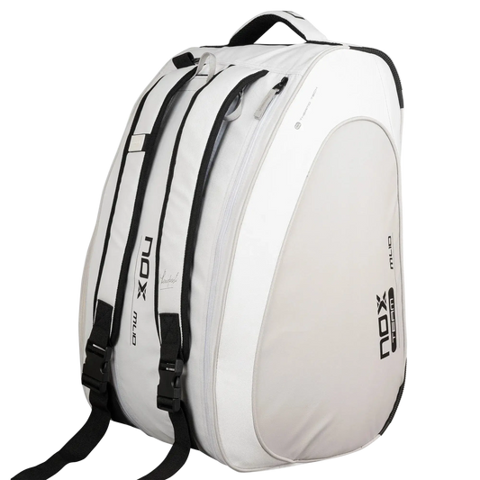 Nox ML10 Team padel bag white and grey backpack straps view, designed for all level players