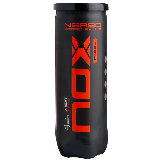 Nox Nerbo padel balls tube front view showing bold Nox branding and Nerbo speed balls design