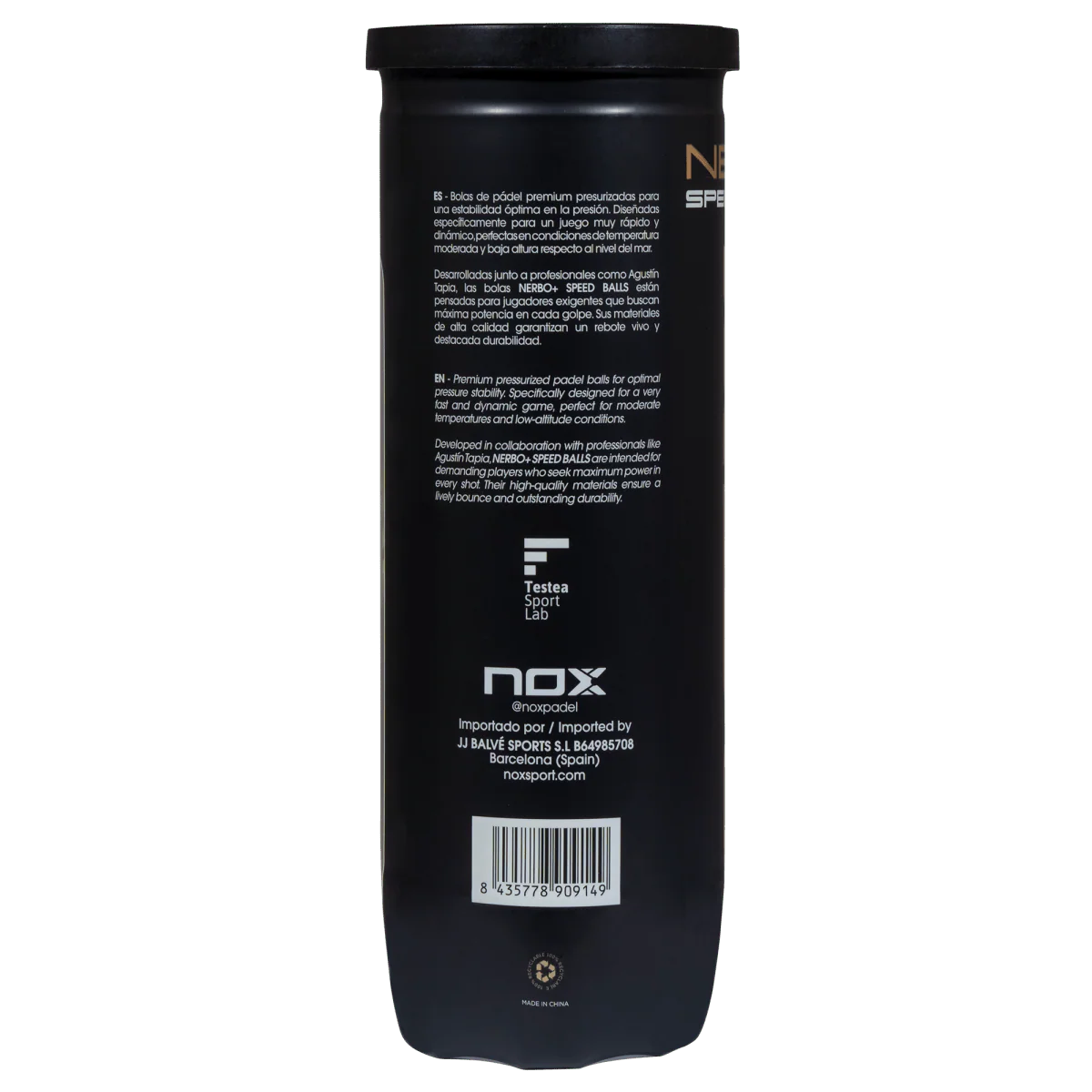 Nox Nerbo+ Speed padel balls tube back view showing product information and barcode