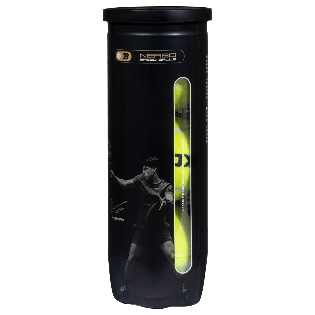 Nox Nerbo+ Speed padel balls tube side view showing ball window and yellow balls inside