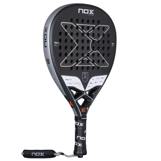 Nox NextGen Pro Attack 3K padel racket side angled view with diamond shape and rough surface, designed for intermediate players