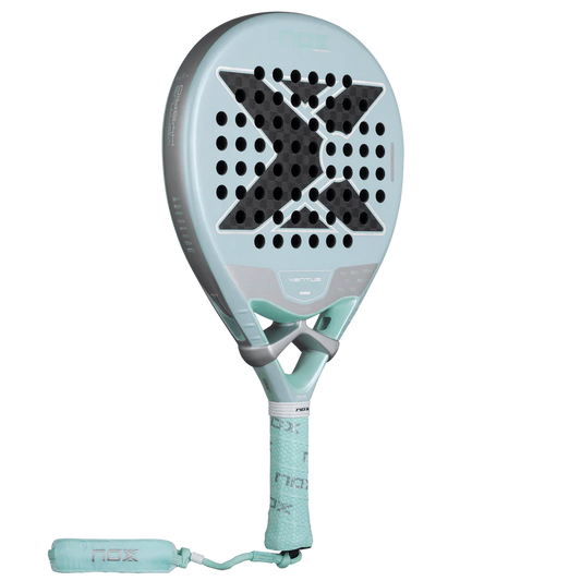 Side view of the mint green Nox Ventus Hybrid 12K Lite padel racket with curved frame, designed for intermediate players.