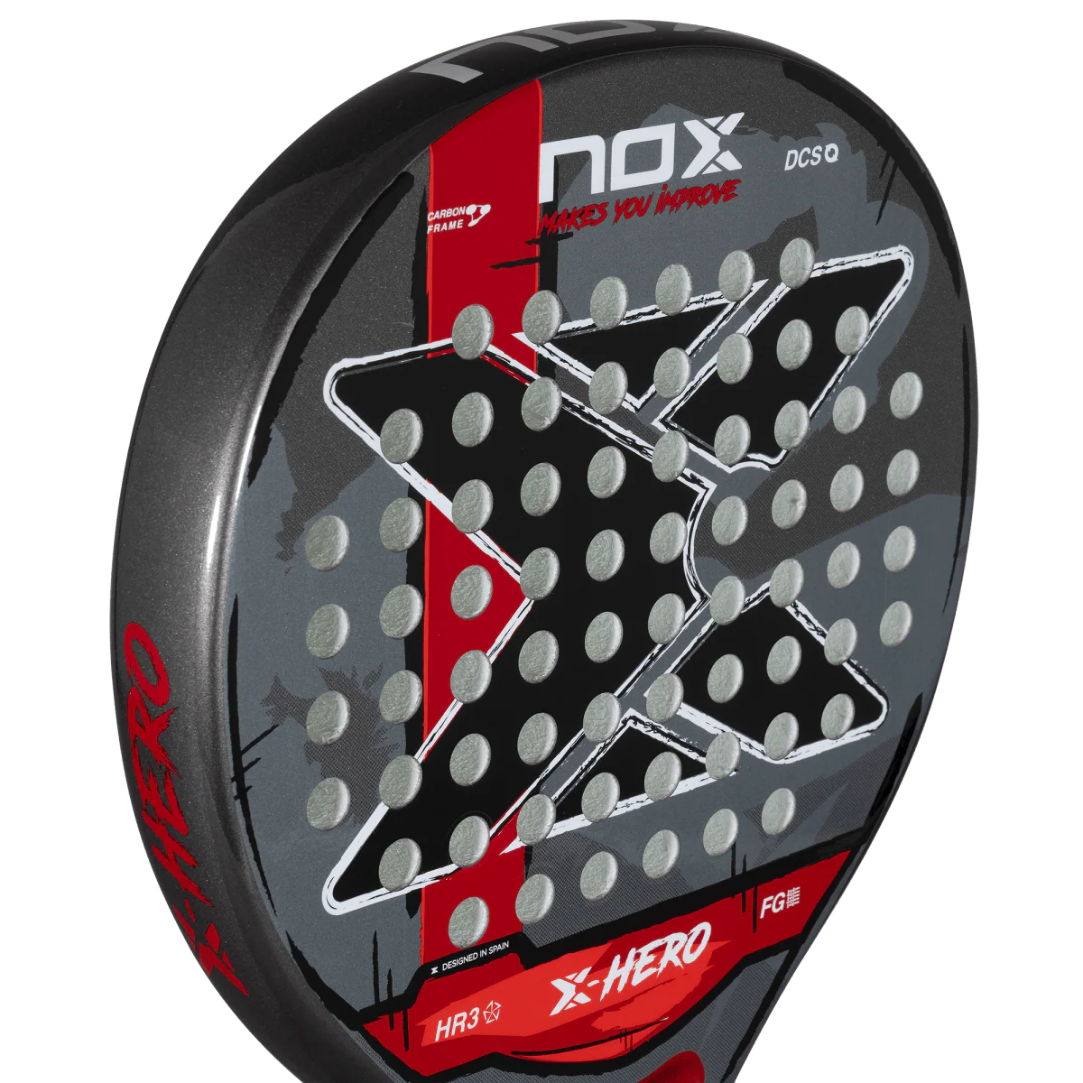 Nox X Hero Red padel racket face close up showing surface texture and hole pattern, designed for beginner players