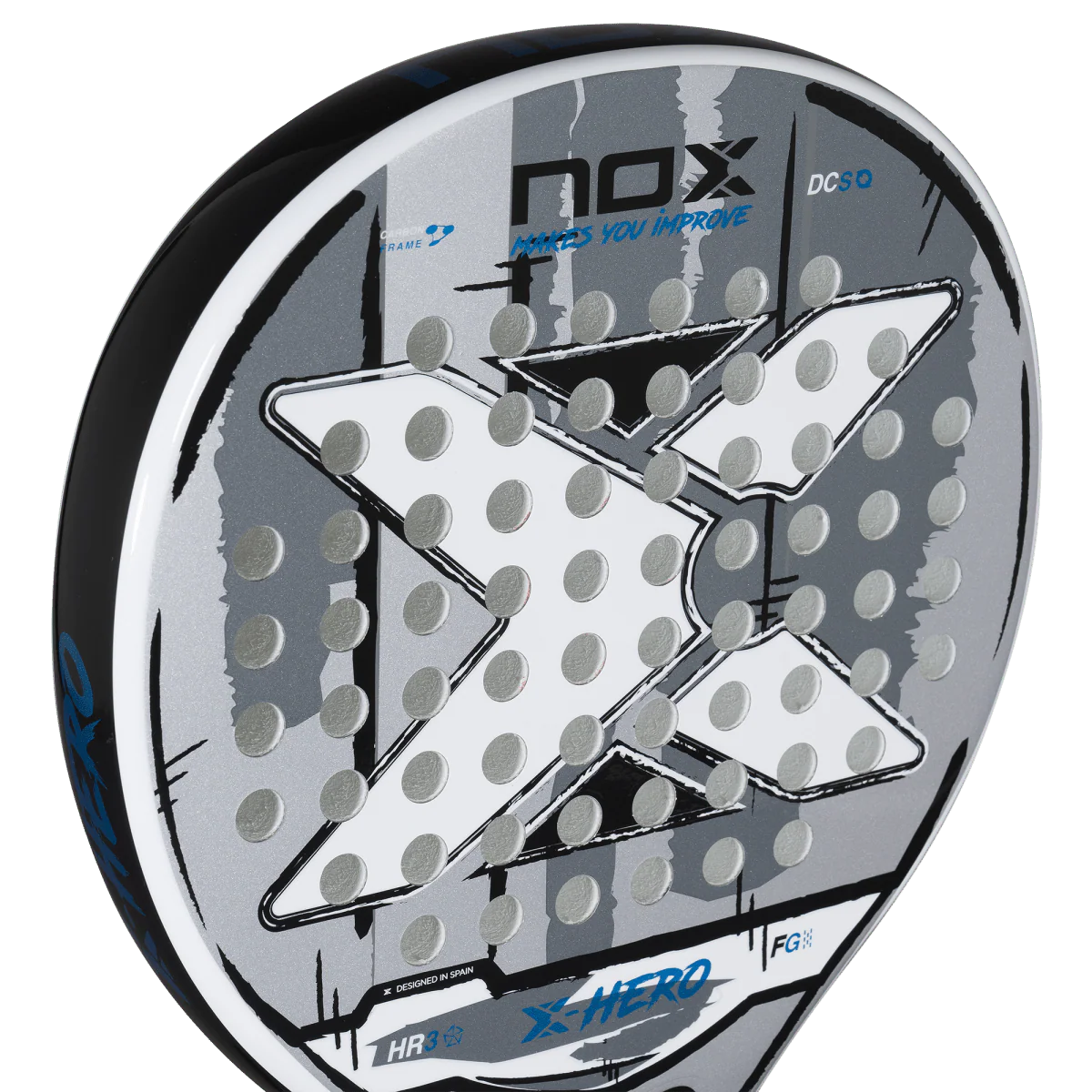Nox X Hero White padel racket face close up showing surface texture and hole pattern, designed for beginner players