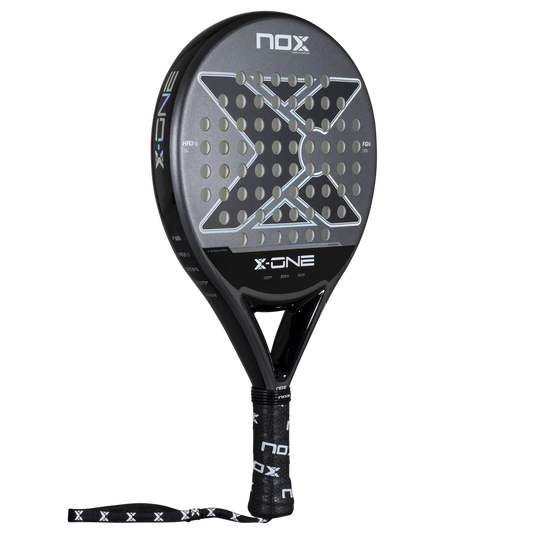 Nox X-One 2026 padel racket angled view showing full racket shape and wrist strap, designed for beginner players