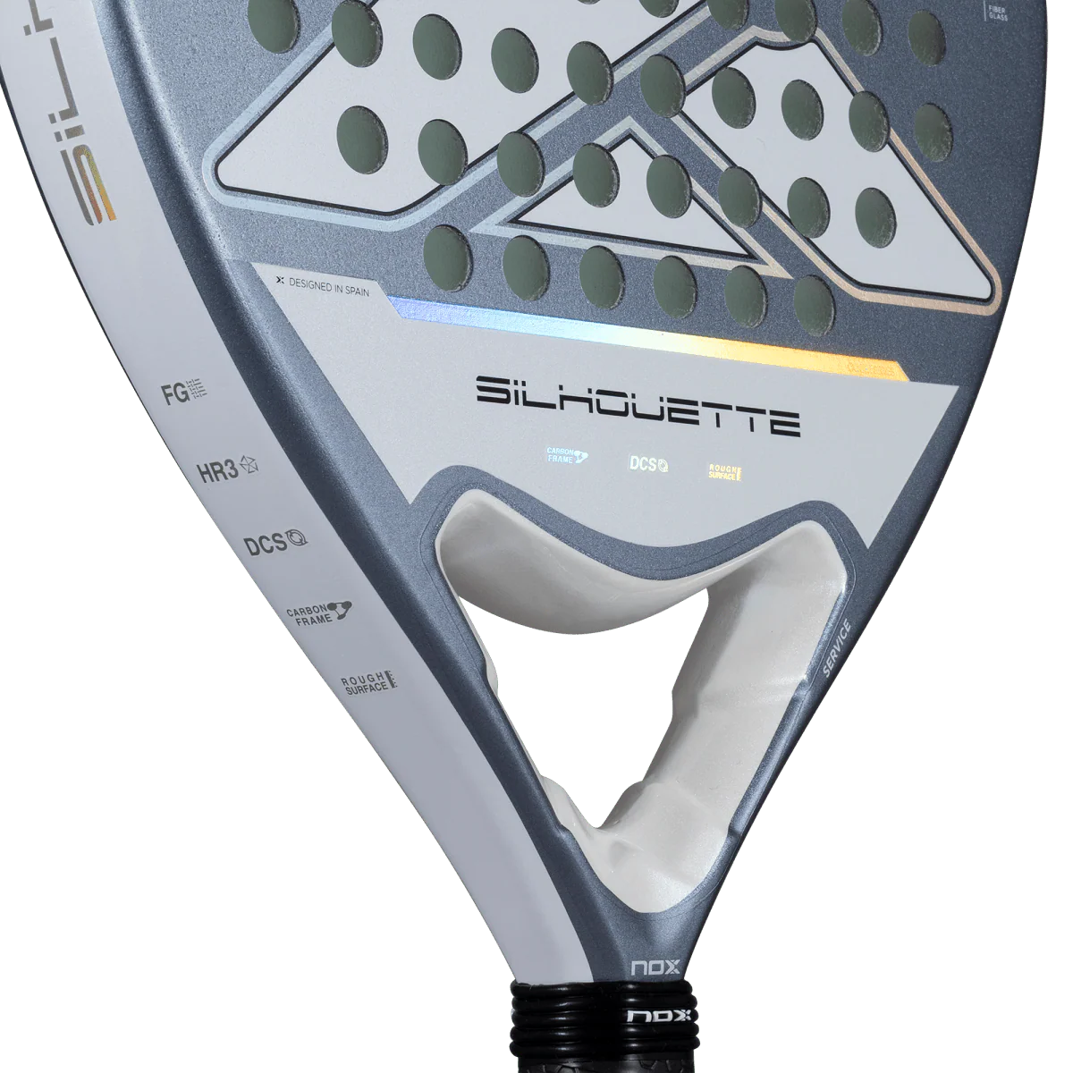 Nox X-ONE Silhouette 2026 padel racket bridge close up showing white and grey frame detail, designed for lightweight play