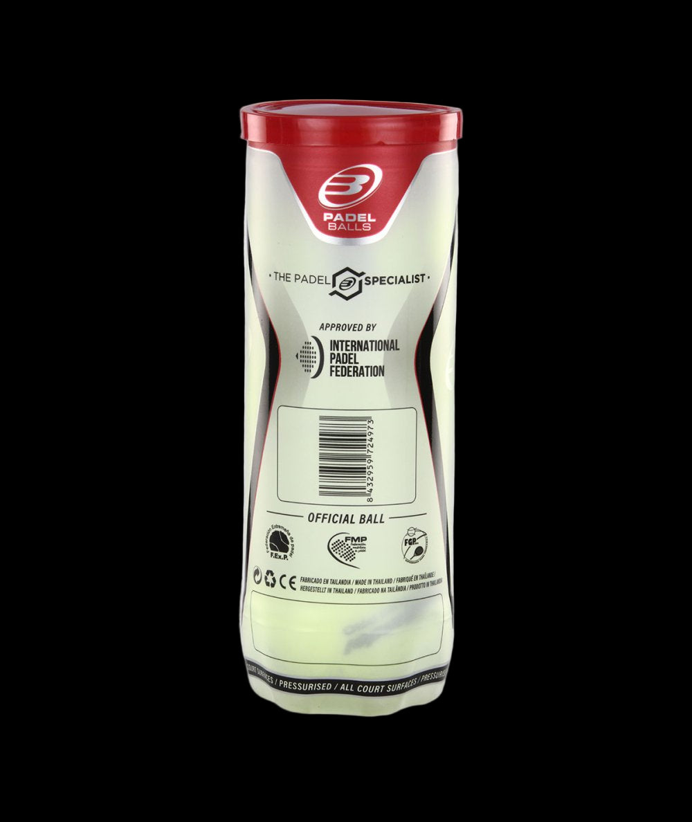 One single can of Bullpadel Premium Pro padel tennis balls, three balls in total. View of rear
