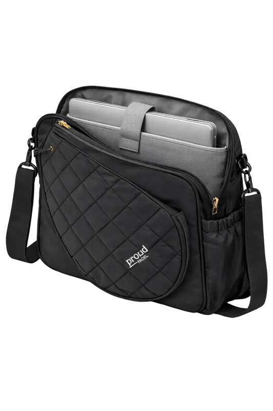 Proud padel bag tote showing 16 inch laptop inside and well as place for padel racket.