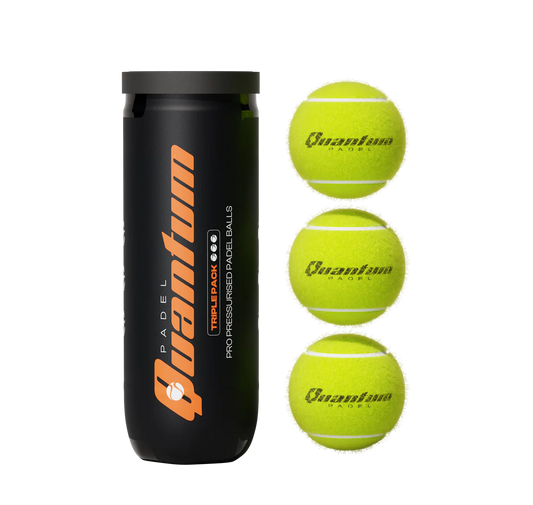 Three Quantum Pro padel balls displayed beside pressurised tube for match play
