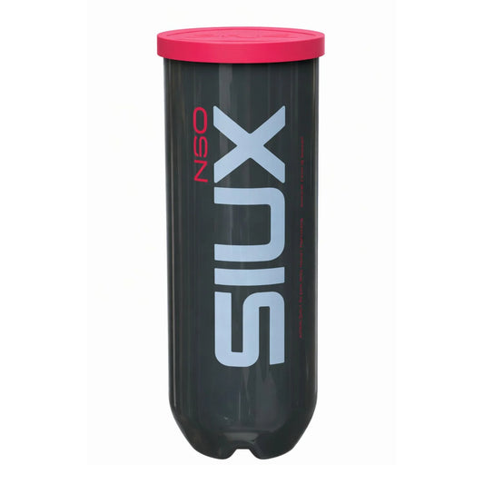 Tube of Siux Neo padel balls with red lid. 3 balls in one single tube with SIUX NEO branding.