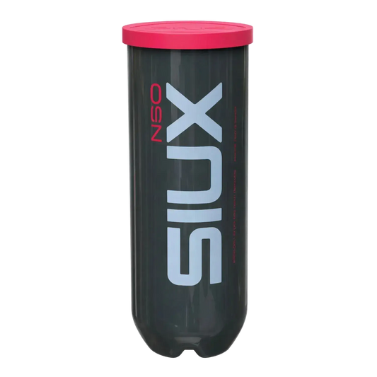 Tube of Siux Neo padel balls with red lid. 3 balls in one single tube with SIUX NEO branding.