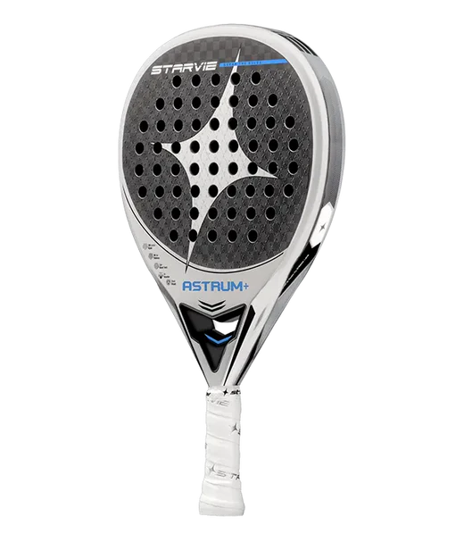 Side angle view of the Star Vie Astrum + padel racket showing its white frame, textured carbon face and central star bridge design