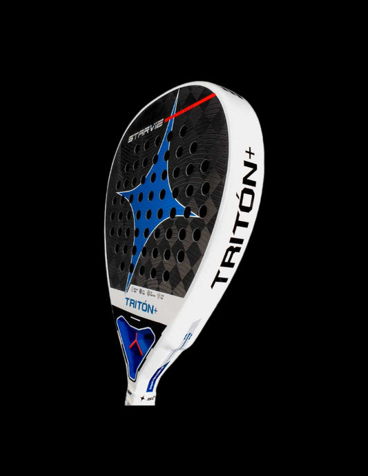 Side angle view of the Star Vie Triton Power padel racket showing the white frame and blue star design, designed for advanced players