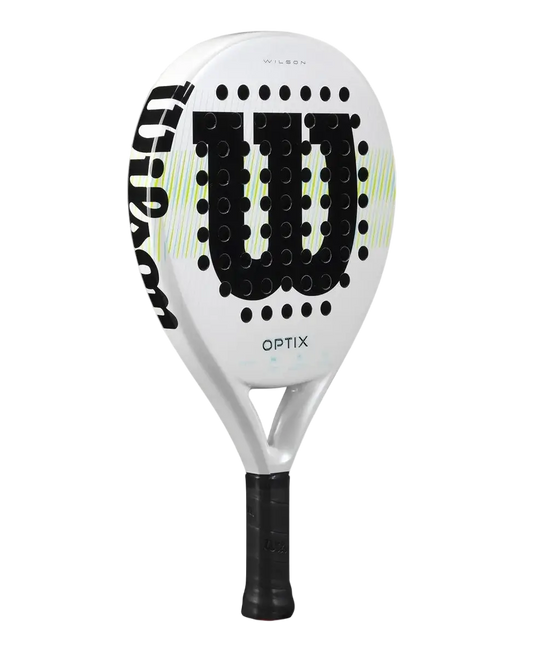 Wilson Optix V1 2025 padel racket angled view showing white face and oversized round head, designed for beginner players
