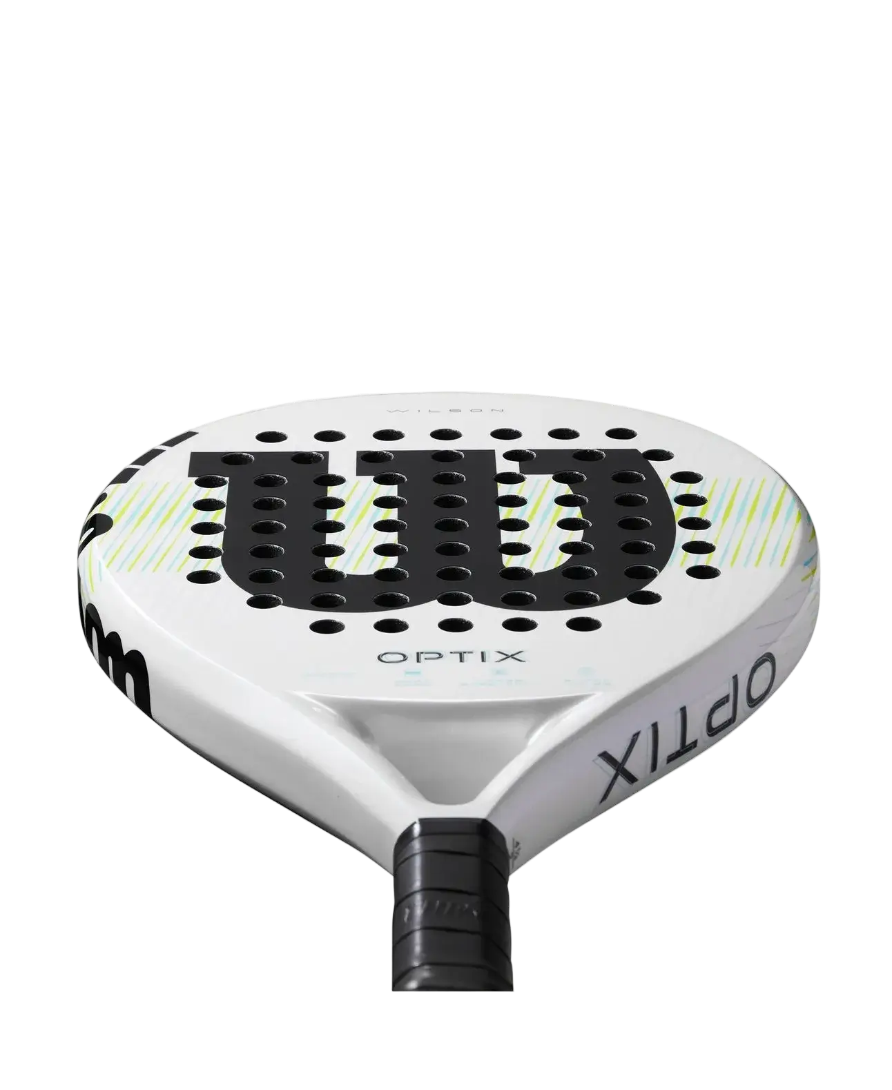 Wilson Optix V1 2025 padel racket handle close up with wrist strap and grip detail, designed for beginner players