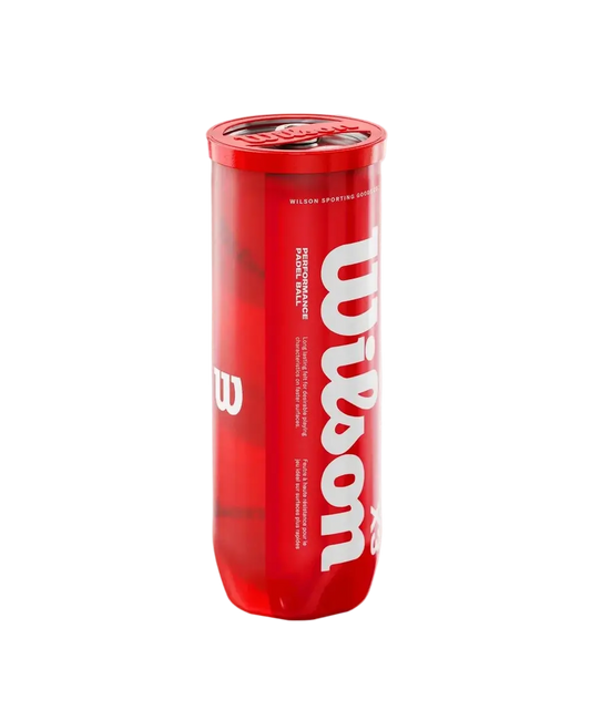 Angled view of Wilson Padel X3 padel balls tube showing red packaging and branding