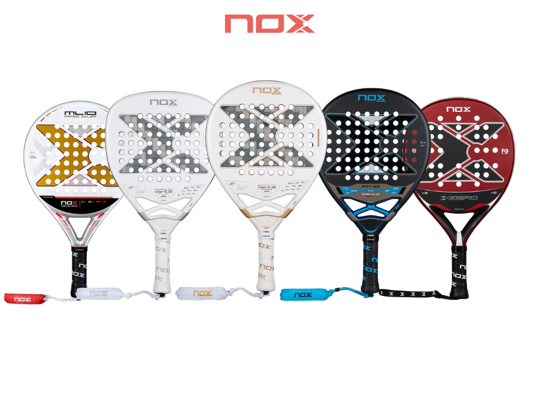 nox padel rackets lineup including ml10 pro cup at10 series and x zero models front view, designed for beginner to advanced players