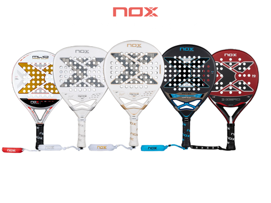 nox padel rackets lineup including ml10 pro cup at10 series and x zero models front view, designed for beginner to advanced players
