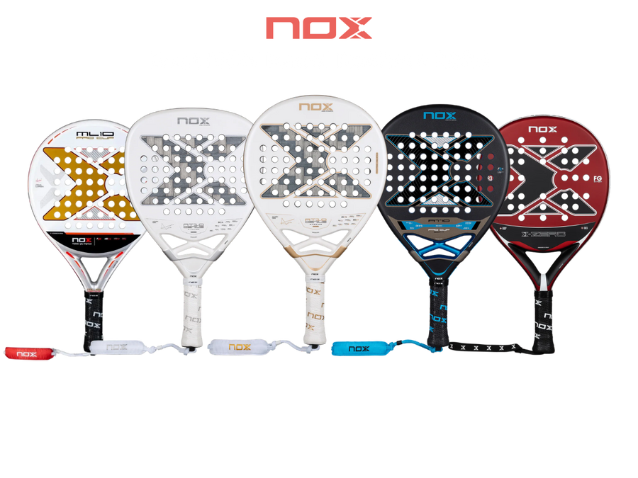 nox padel rackets lineup including ml10 pro cup at10 series and x zero models front view, designed for beginner to advanced players