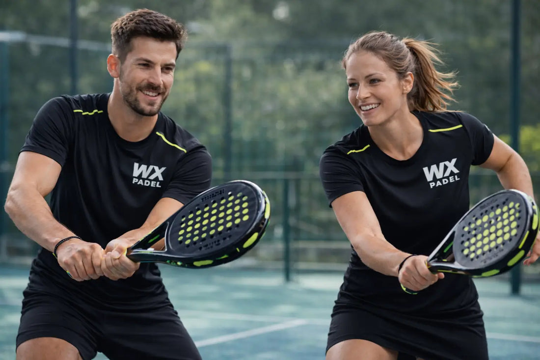 two beginner padel players playing with padel rackets on court, designed for beginner players