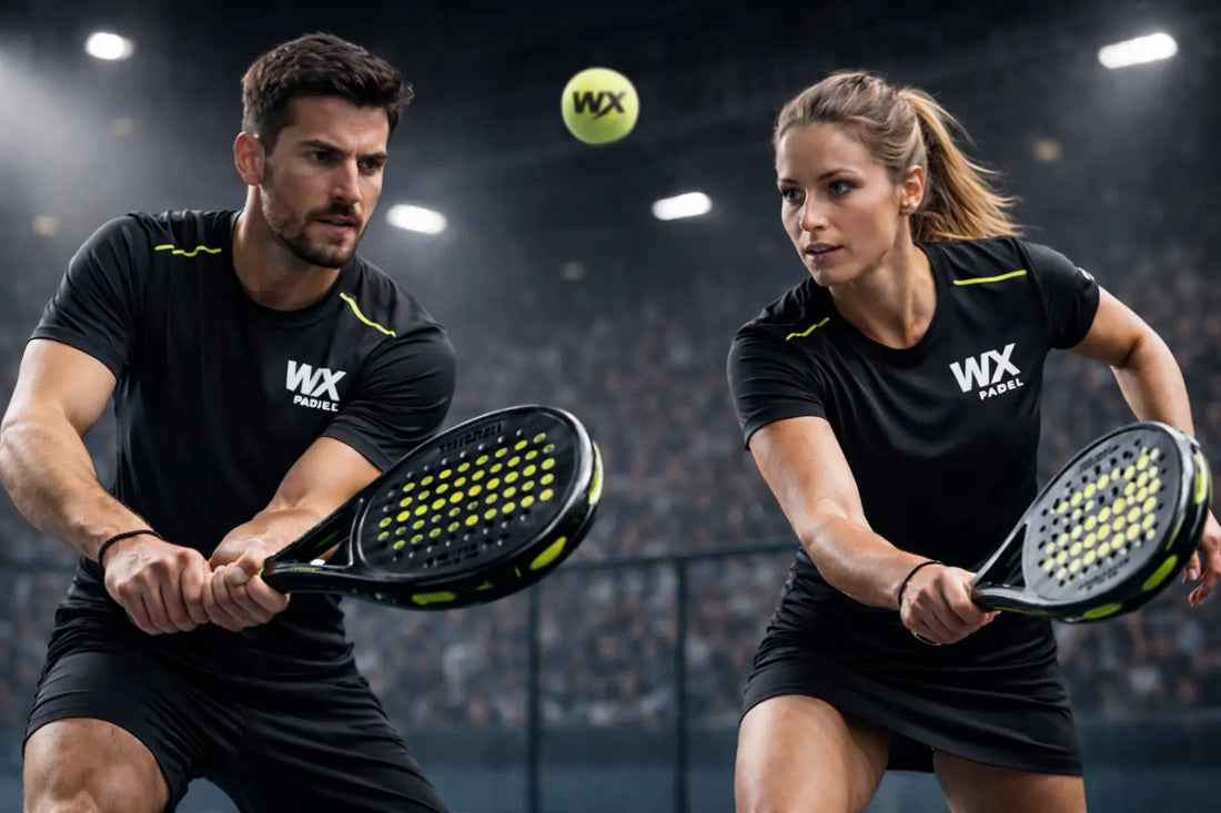 WX padel pro players on a court during a rally. One male one female in branding clothes.