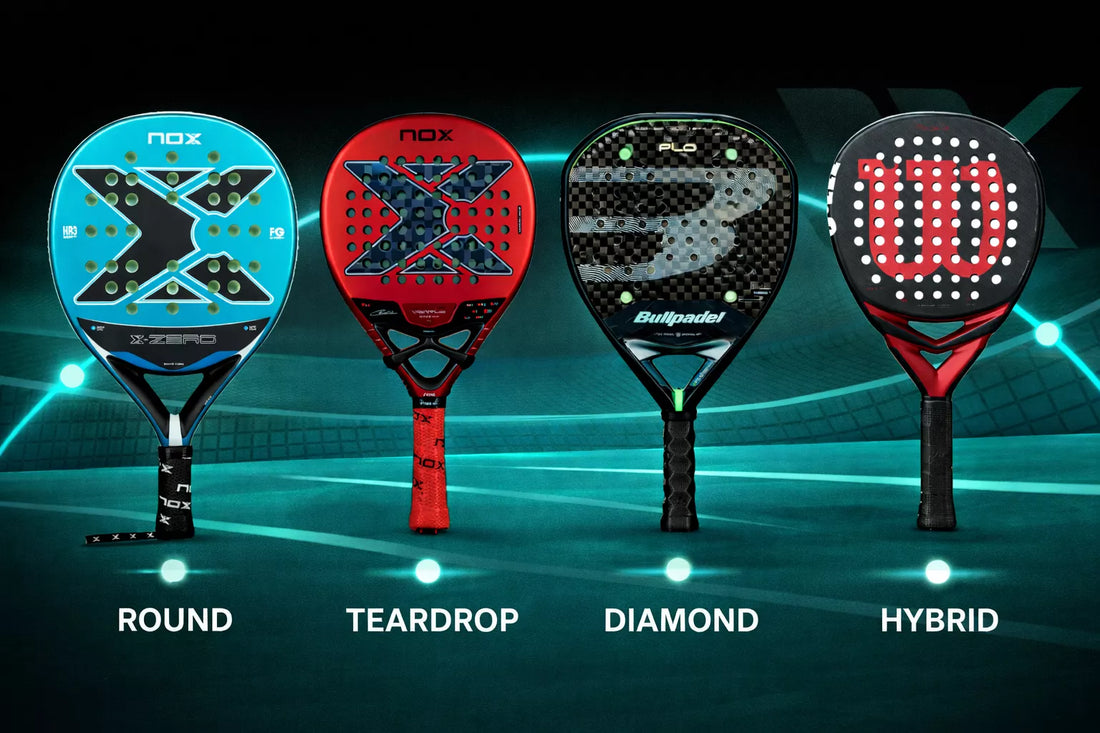 Four padel rackets of Adidas, Nox, Wilson, and Bullpadel showing the different shapes of padel rackets. 