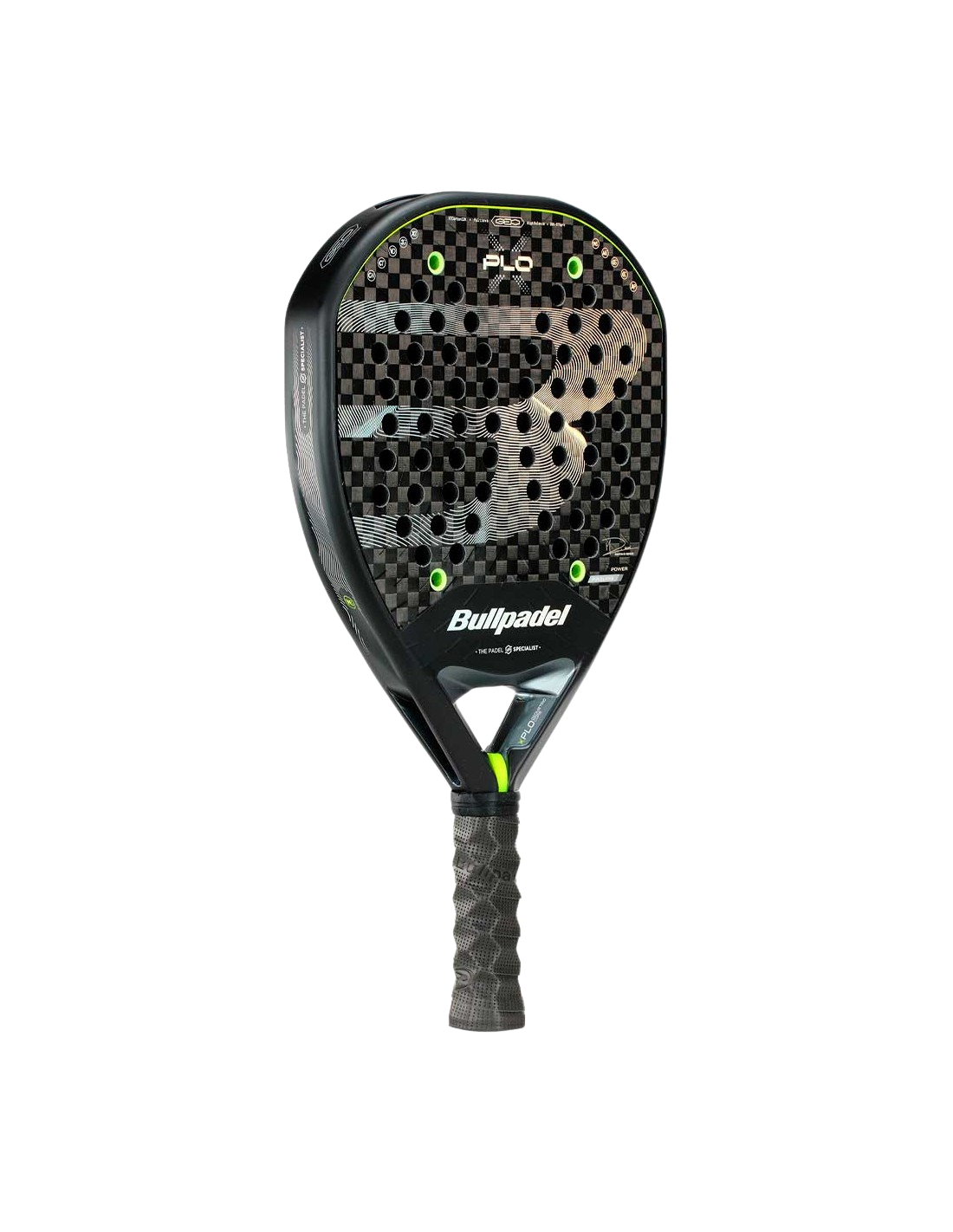Bullpadel Xplo Comfort 26 padel tennis racket for advanced players, black and grey design with white B logo, angled view.