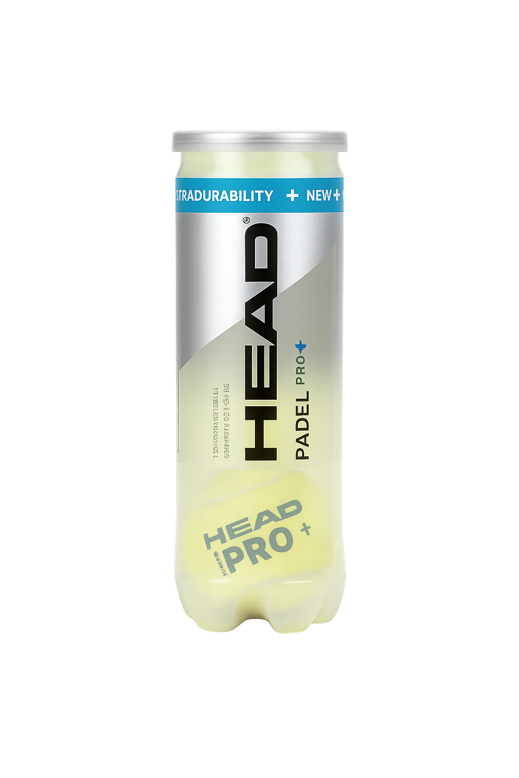 Head Pro+ padel balls, one tube with 3 balls supplied. Front angled image on a transparent background.
