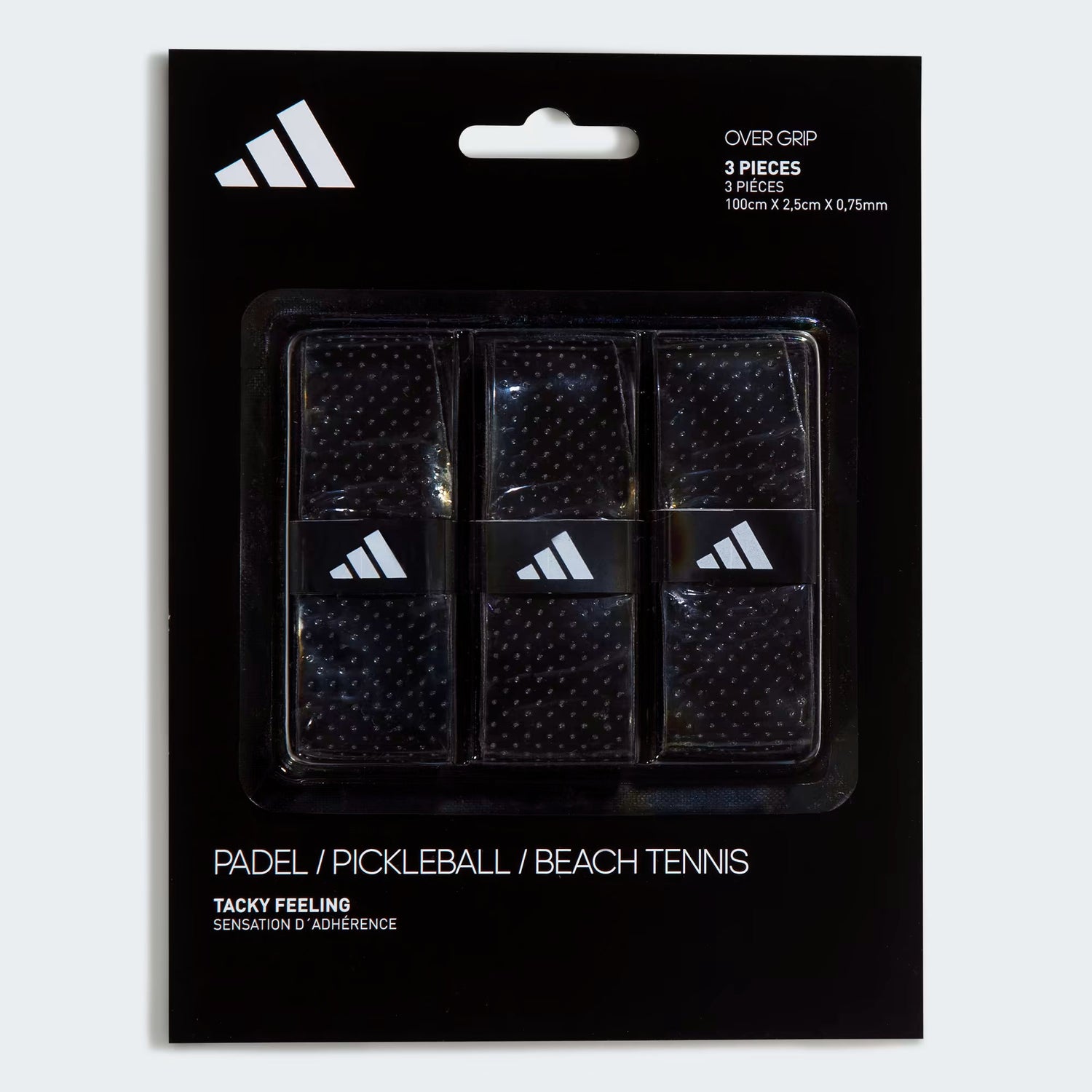 Adidas overgrips for padel tennis. Three in a pack, black colour with branding on each.